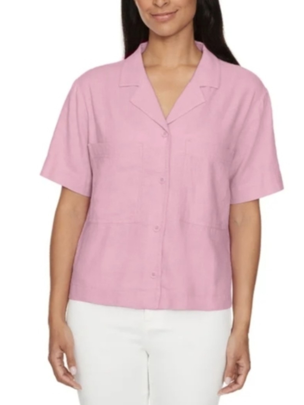 Buffalo Pink Linen Blend Button Up Shirt Camp Collar Short Sleeve Large